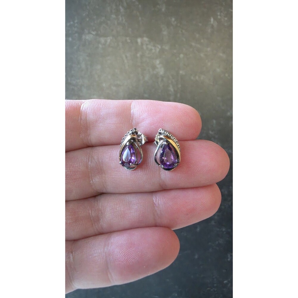 Ralph Lauren 925 & 10K Amethyst Clear Topaz Stud Earrings Vintage READ